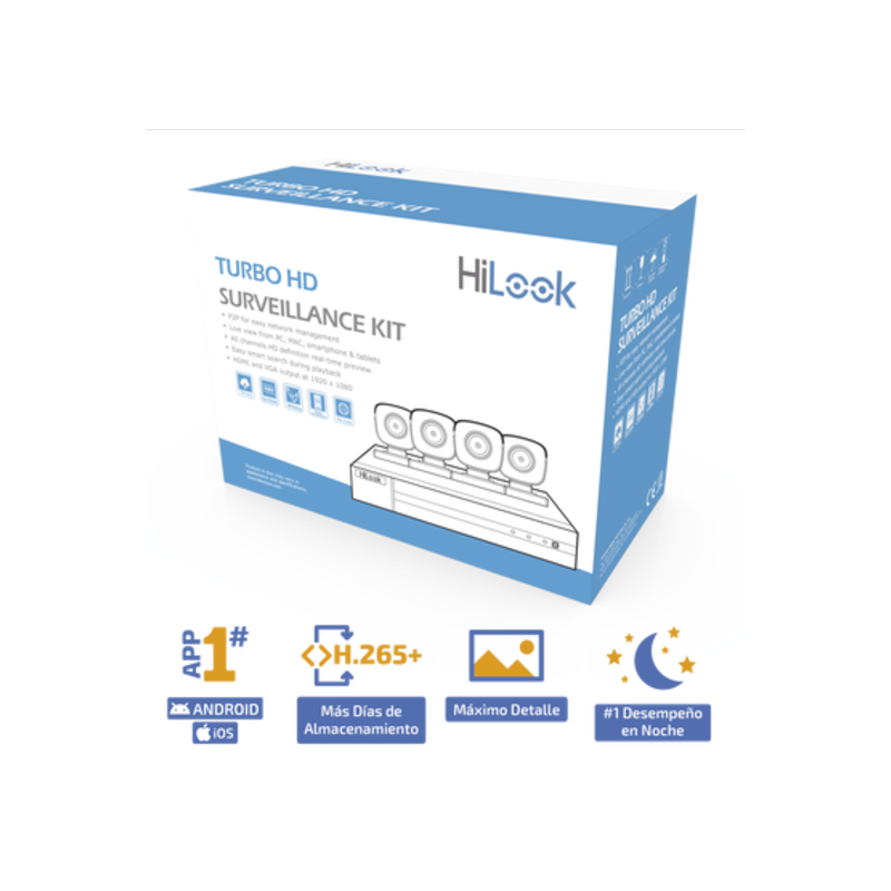 KIT TurboHD 1080p / DVR 4 canales / 4 Cámaras Bala de Metal / H.265+ / 1 Fuente de Poder Profesional / Accesorios de Instalación