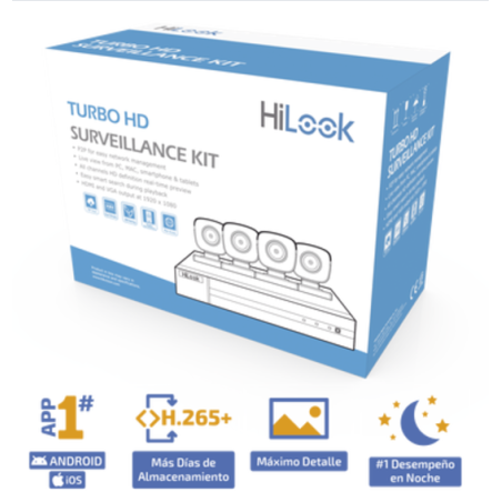 KIT TurboHD 1080p / DVR 4 canales / 4 Cámaras Bala de Metal / H.265+ / 1 Fuente de Poder Profesional / Accesorios de Instalación