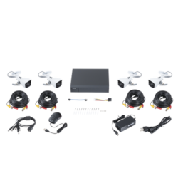 KIT TurboHD 1080p / DVR 4 canales / 4 Cámaras Bala de Metal / H.265+ / 1 Fuente de Poder Profesional / Accesorios de Instalación