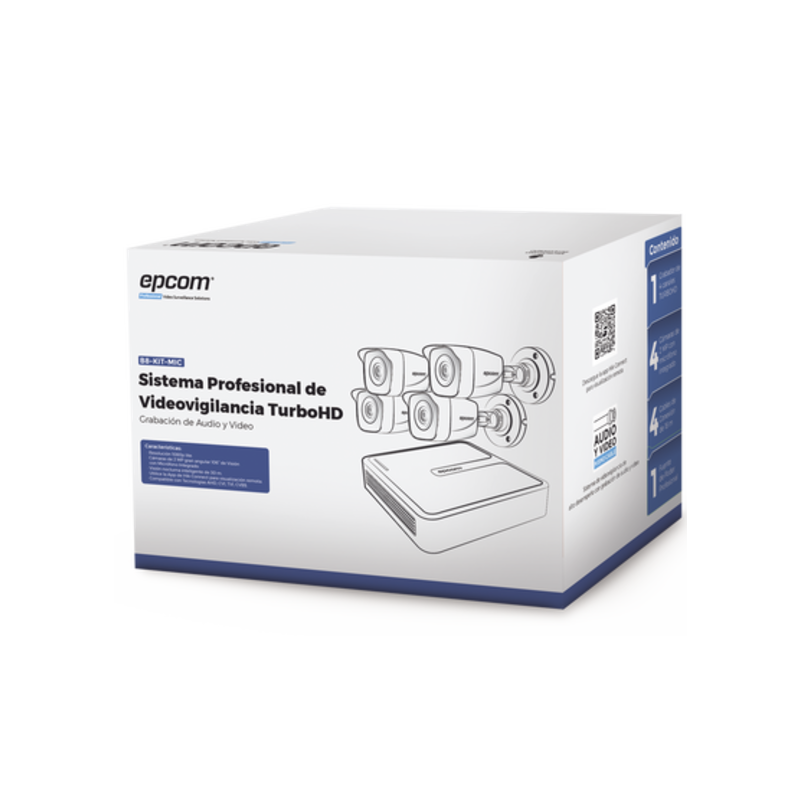 Kit TurboHD 1080p Lite / DVR 4 canales / Audio por Coaxitron / 4 Cámaras Bala de Metal con Micrófono Integrado