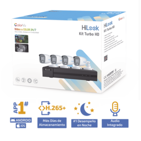 Kit TurboHD 1080p / DVR 4 Canales / 4 Cámaras Bala ColorVu con Micrófono Integrado / Fuente de Poder / Accesorios de Instalación