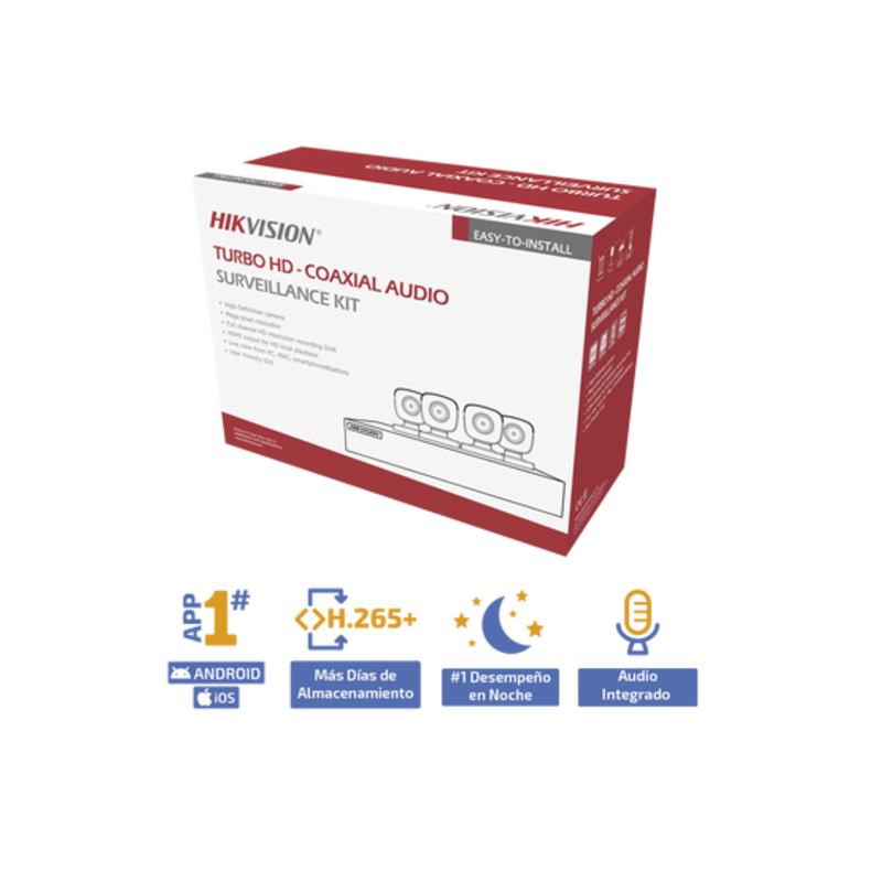 KIT TURBOHD 5 Megapixel / DVR 4 Canales/4 Cámaras Bala con Micrófono Integ./Fuente de Poder/Accesorios de Instalación