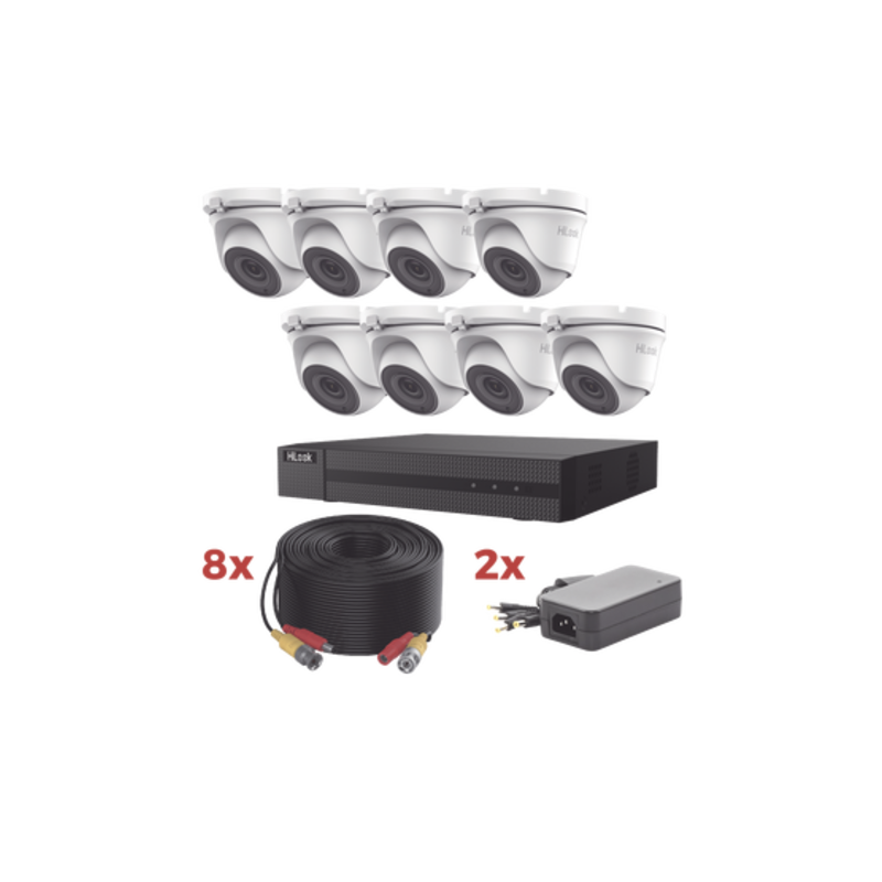 Kit TurboHD / DVR 8 Canales 1080p Lite / 8 Cámaras turret 1080p metalicas / 8 cables de 20 metros / 2 fuentes de 4 canales