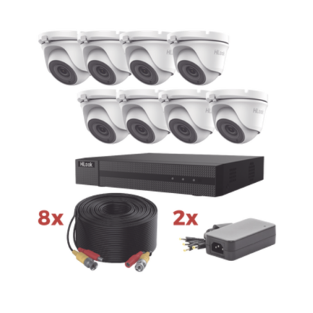 Kit TurboHD / DVR 8 Canales 1080p Lite / 8 Cámaras turret 1080p metalicas / 8 cables de 20 metros / 2 fuentes de 4 canales