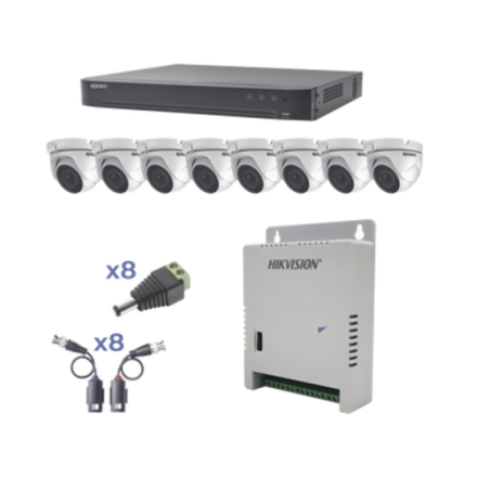 KIT TurboHD 1080p/DVR 8 Canales/8 Cámaras Eyeball (exterior 2.8 mm)/Transcept/Conect/Fuente de Poder Profesional hasta 15 Vcc