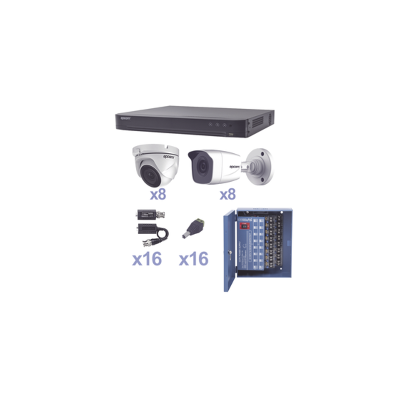 KIT TurboHD 1080p/DVR 16 Canales/8 Cámaras Bala(exterior 2.8 mm)/8 Cámaras Eyeball (exterior 2.8 mm)/balums/Fuente de Poder PRO