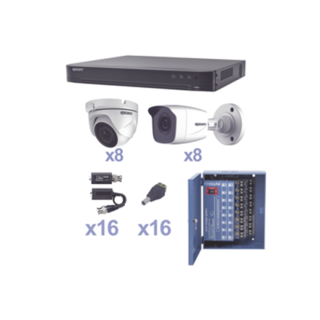 KIT TurboHD 1080p/DVR 16 Canales/8 Cámaras Bala(exterior 2.8 mm)/8 Cámaras Eyeball (exterior 2.8 mm)/balums/Fuente de Poder PRO