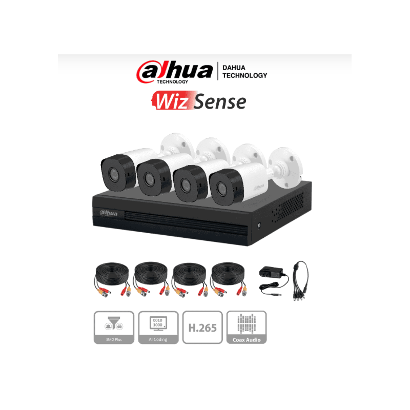 Kit de 4 canales con cámaras B1A11 de 1 megapíxel, lente de 2.8mm y visión 93°. Soporta 4 canales más 1 IP o hasta 5 canales IP