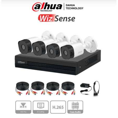 Kit de 4 canales con cámaras B1A11 de 1 megapíxel, lente de 2.8mm y visión 93°. Soporta 4 canales más 1 IP o hasta 5 canales IP